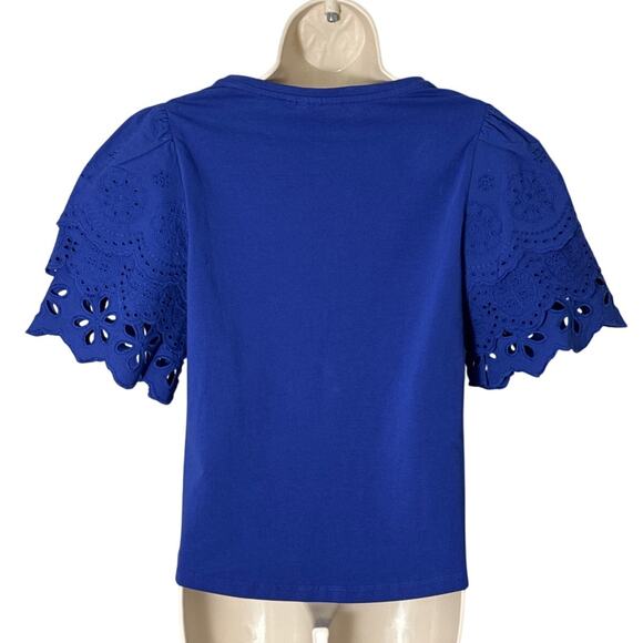 Chico's Royal Blue Embroidered Flutter Sleeve Blouse Size 0 (4-S) - Picture 2 of 6